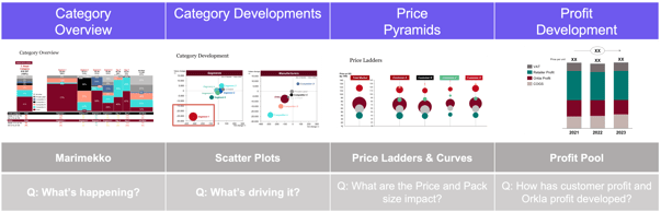 Image showing category overview, development, pricing, and profit tools (e.g., Marimekko, scatter plots, price pyramids) used to drive RGM alignment across teams