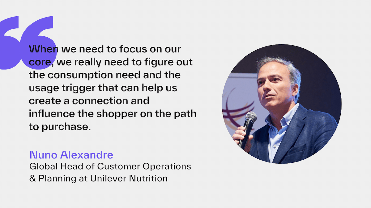 Quote from Nuno Alexandre at Unilever Nutrition emphasizing the importance of consumption need and usage triggers in shopper influence.